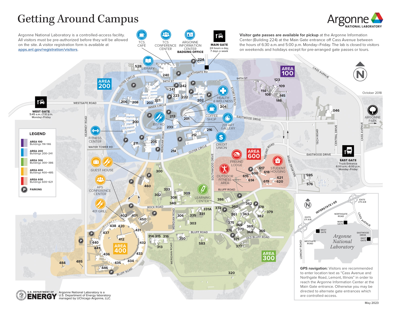A multi-colored map of the Argonne National Laboratory campus in Lemont, Illinois.