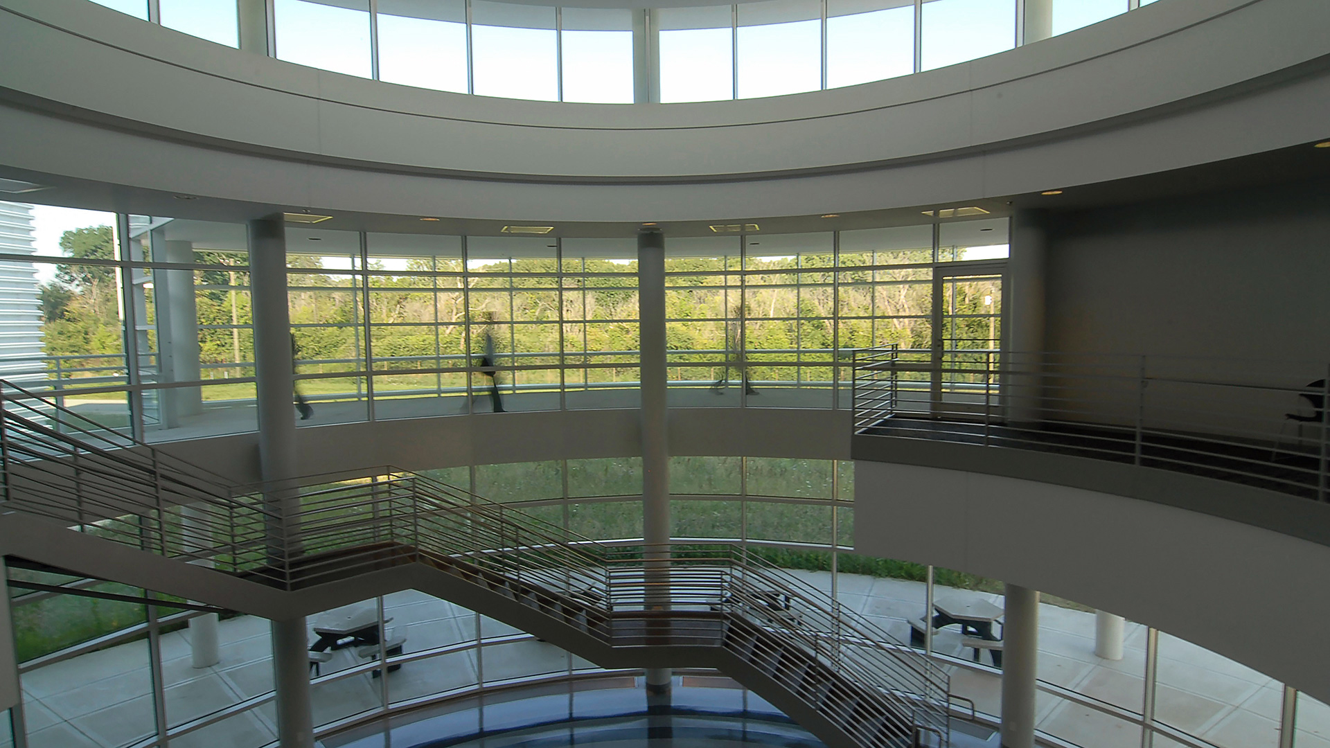 Blurred image of people walking through upper level of CNM atrium. Atrium has glass floor-to-ceiling glass walls, showing greenery of outdoors.