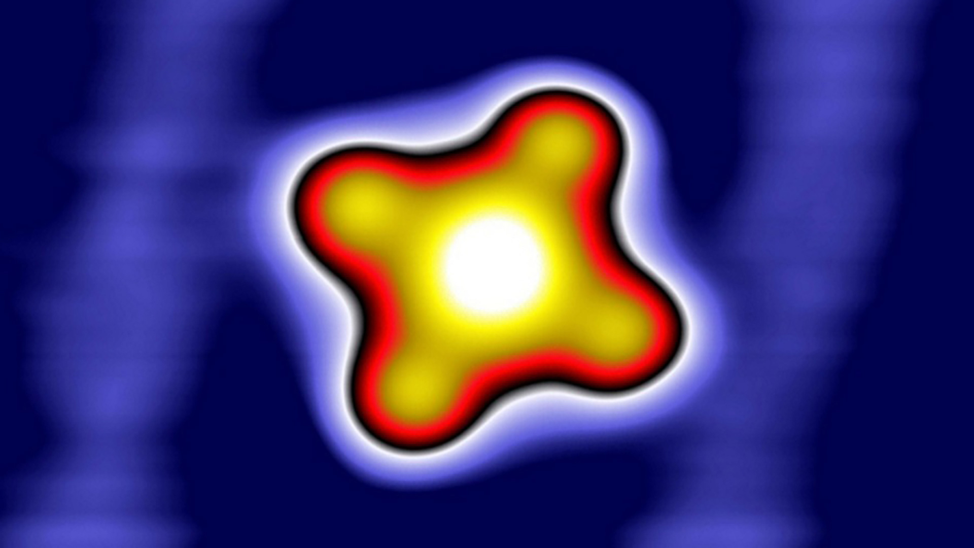White, yellow, red, black, blue glowing shape on dark blue background.