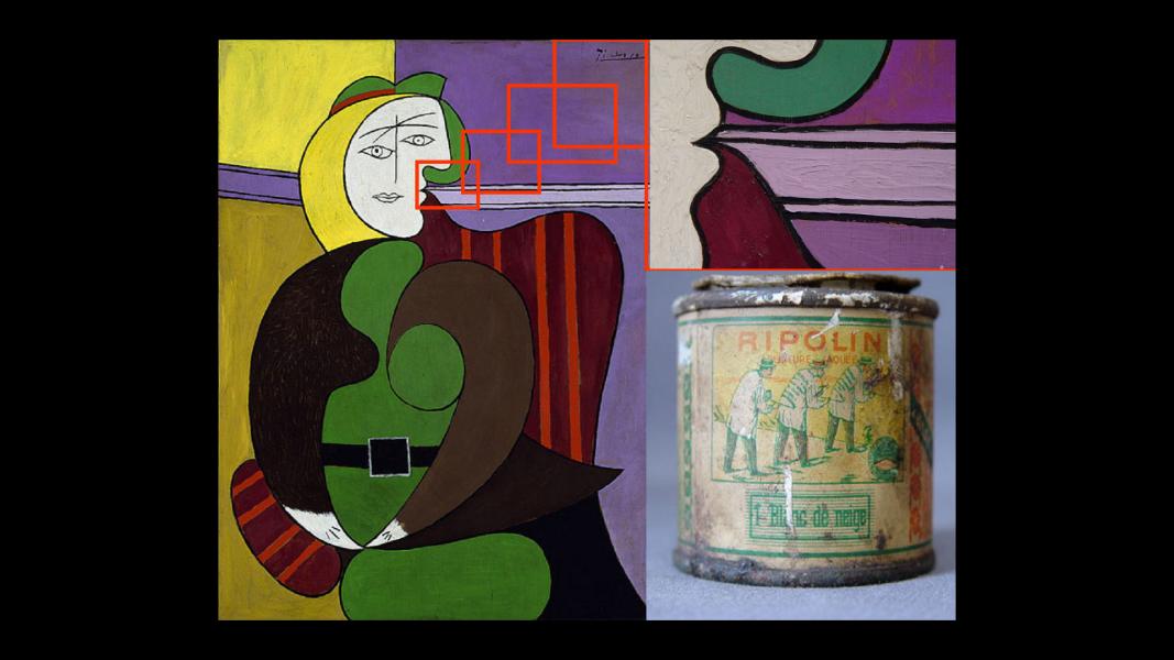 Juxtaposition of Picasso woman in green with antique paint can.